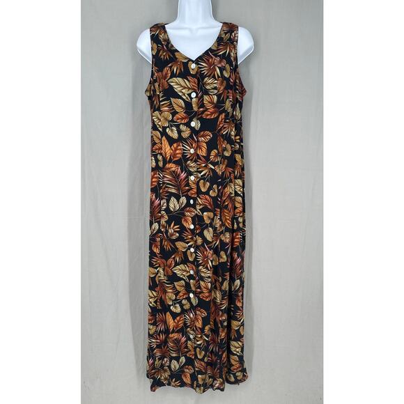 90s Vintage Dress Womens Large Black Maxi Floral Button Boho Bohemian Beach - Picture 1 of 10